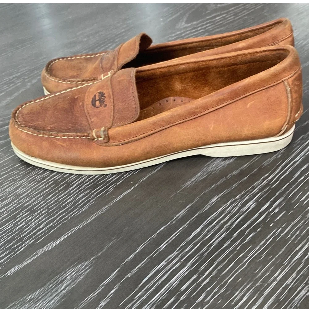Timberland Brown Leather Nautical Boat Shoes Moc Toe Slip On Loafers 8M Preppy